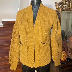 Madewell XS Mustard Yellow Knit Cardigan Sweater Bubble Bobble on Sleeves Cotton